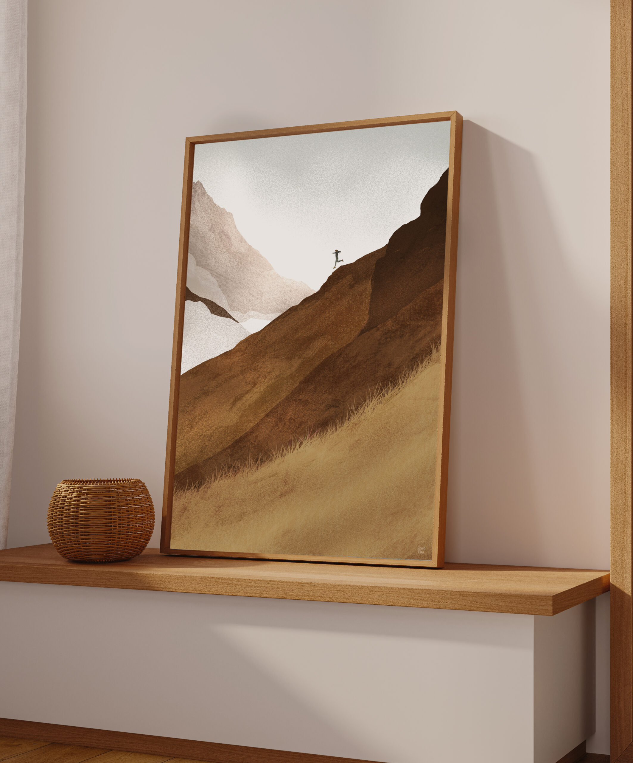 Une affiche dessinée d'un trailer en pleine course en montagne, l'affiche est posée sur une commode en bois clair